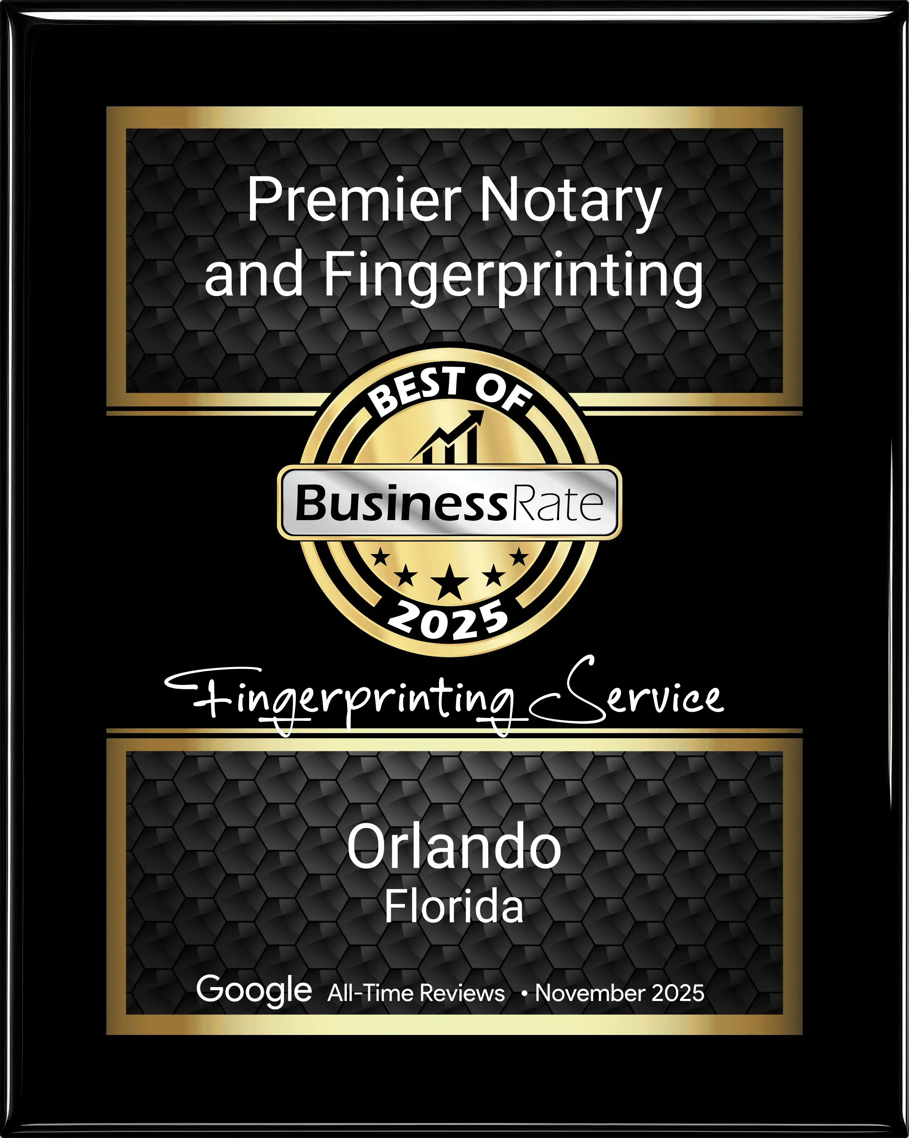 Premier Notary and Fingerprinting's 2025 Best of BusinessRate award for Fingerprinting Service in Orlando, FL