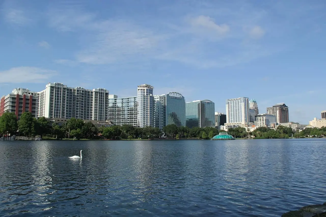 Downtown Orlando skyline along the Lake Eola waterfront at dusk